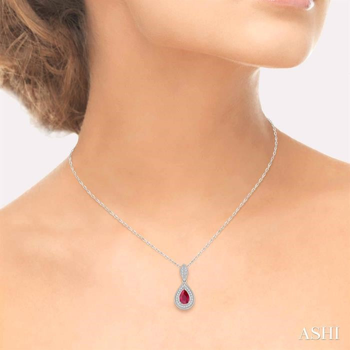 6x4 MM Pear Shape Ruby and 1/10 Ctw Round Cut Diamond Precious Pendant With Chain in 10K White Gold