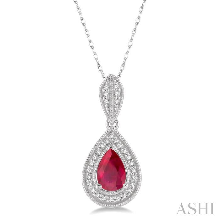 6x4 MM Pear Shape Ruby and 1/10 Ctw Round Cut Diamond Precious Pendant With Chain in 10K White Gold