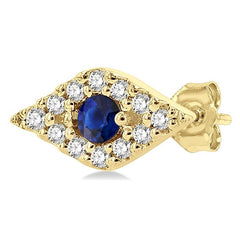2.0 MM Round Cut Sapphire and 1/10 Ctw Evil Eye Round Cut Diamond Precious Petite Fashion Earring in 10K Yellow Gold