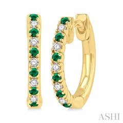 1.35 MM Round Shape Emerald and 1/10 Ctw Petite Round Cut Diamond Precious Fashion Huggies in 10K Yellow Gold
