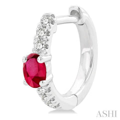 4X3 MM Oval Cut Ruby and 1/10 Ctw Petite Round Cut Diamond Fashion Huggies in 10K White Gold