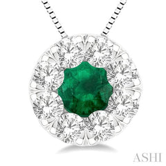 3.8 MM Emerald and 1/3 Ctw Round Cut Lovebright Diamond Precious Pendant With Chain in 14K White Gold
