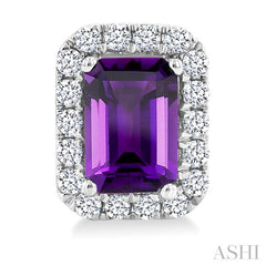 6x4 MM Octagonal Shape Amethyst and 1/4 Ctw Round Cut Diamond Halo Semi-Precious Stud Earrings in 14K White Gold