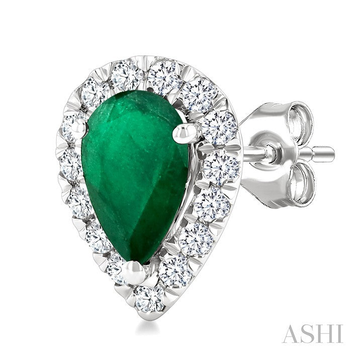 6x4 MM Pear Shape Emerald and 1/4 Ctw Round Cut Diamond Halo Precious Stud Earrings in 14K White Gold