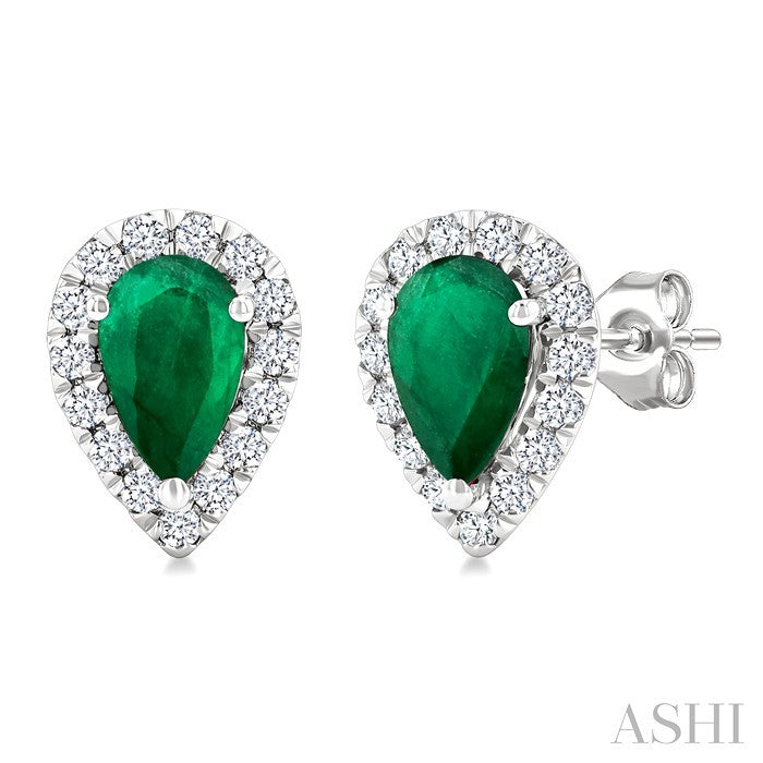 6x4 MM Pear Shape Emerald and 1/4 Ctw Round Cut Diamond Halo Precious Stud Earrings in 14K White Gold
