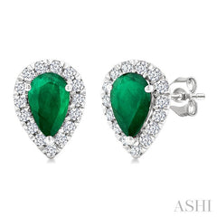 6x4 MM Pear Shape Emerald and 1/4 Ctw Round Cut Diamond Halo Precious Stud Earrings in 14K White Gold