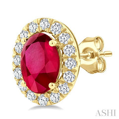 6x4 MM Oval Shape Ruby and 1/4 Ctw Round Cut Diamond Halo Precious Stud Earrings in 14K Yellow Gold