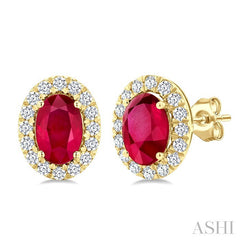 6x4 MM Oval Shape Ruby and 1/4 Ctw Round Cut Diamond Halo Precious Stud Earrings in 14K Yellow Gold
