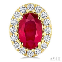 6x4 MM Oval Shape Ruby and 1/4 Ctw Round Cut Diamond Halo Precious Stud Earrings in 14K Yellow Gold