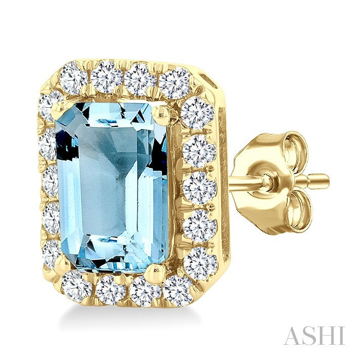 6x4 MM Octagonal Shape Aquamarine and 1/4 Ctw Round Cut Diamond Halo Semi-Precious Stud Earrings in 10K Yellow Gold