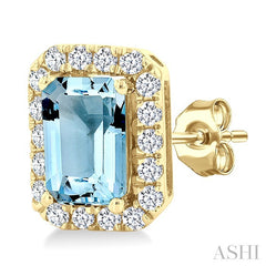 6x4 MM Octagonal Shape Aquamarine and 1/4 Ctw Round Cut Diamond Halo Semi-Precious Stud Earrings in 10K Yellow Gold