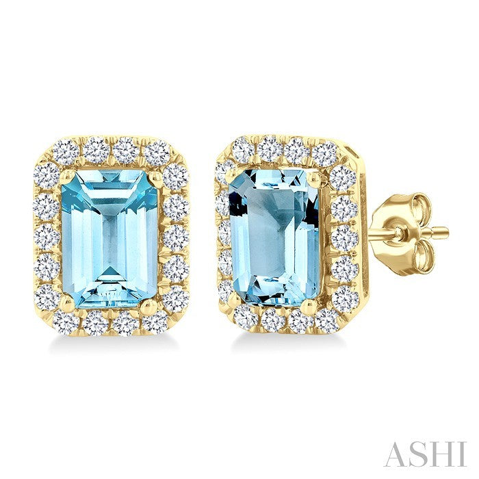 6x4 MM Octagonal Shape Aquamarine and 1/4 Ctw Round Cut Diamond Halo Semi-Precious Stud Earrings in 10K Yellow Gold