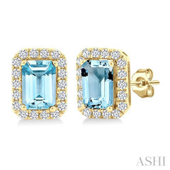 6x4 MM Octagonal Shape Aquamarine and 1/4 Ctw Round Cut Diamond Halo Semi-Precious Stud Earrings in 10K Yellow Gold