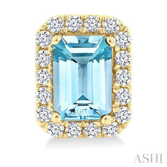 6x4 MM Octagonal Shape Aquamarine and 1/4 Ctw Round Cut Diamond Halo Semi-Precious Stud Earrings in 10K Yellow Gold