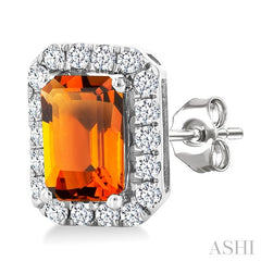 6x4 MM Octagonal Shape Citrine and 1/4 Ctw Round Cut Diamond Halo Semi-Precious Stud Earrings in 10K White Gold