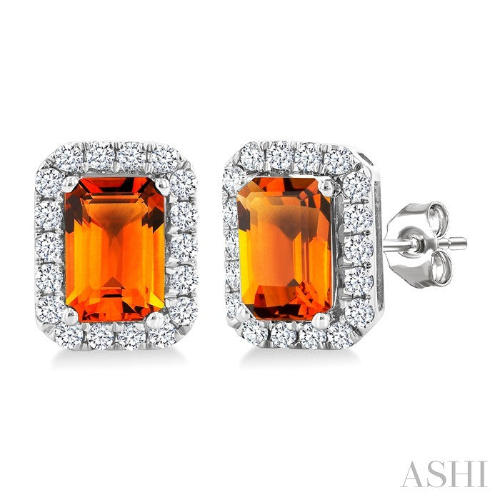 6x4 MM Octagonal Shape Citrine and 1/4 Ctw Round Cut Diamond Halo Semi-Precious Stud Earrings in 10K White Gold