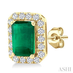 6x4 MM Octagonal Shape Emerald and 1/4 Ctw Round Cut Diamond Halo Precious Stud Earrings in 10K Yellow Gold