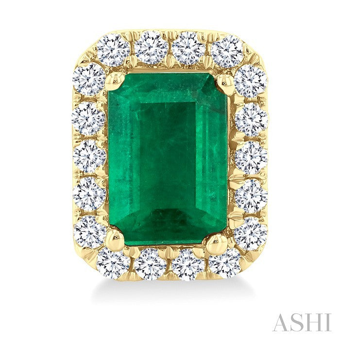 6x4 MM Octagonal Shape Emerald and 1/4 Ctw Round Cut Diamond Halo Precious Stud Earrings in 10K Yellow Gold