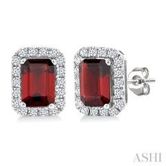 6x4 MM Octagonal Shape Garnet and 1/4 Ctw Round Cut Diamond Halo Semi-Precious Stud Earrings in 10K White Gold