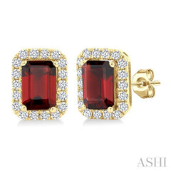 6x4 MM Octagonal Shape Garnet and 1/4 Ctw Round Cut Diamond Halo Semi-Precious Stud Earrings in 10K Yellow Gold