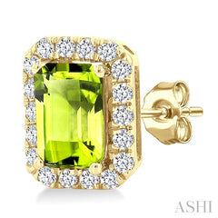 6x4 MM Octagonal Shape Peridot and 1/4 Ctw Round Cut Diamond Halo Semi-Precious Stud Earrings in 10K Yellow Gold