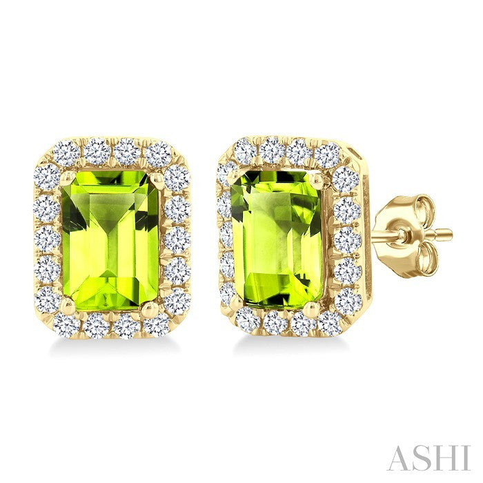 6x4 MM Octagonal Shape Peridot and 1/4 Ctw Round Cut Diamond Halo Semi-Precious Stud Earrings in 10K Yellow Gold