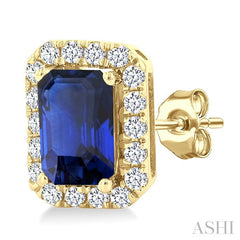 6x4 MM Octagonal Shape Sapphire and 1/4 Ctw Round Cut Diamond Halo Precious Stud Earrings in 10K Yellow Gold