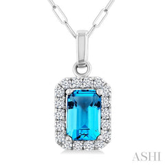 6x4 MM Octagonal Shape Blue Topaz and 1/6 Ctw Round Cut Diamond Halo Semi-Precious Pendant with Chain in 14K White Gold