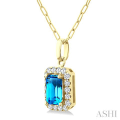6x4 MM Octagonal Shape Blue Topaz and 1/6 Ctw Round Cut Diamond Halo Semi-Precious Pendant with Chain in 14K Yellow Gold