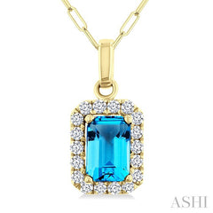 6x4 MM Octagonal Shape Blue Topaz and 1/6 Ctw Round Cut Diamond Halo Semi-Precious Pendant with Chain in 14K Yellow Gold