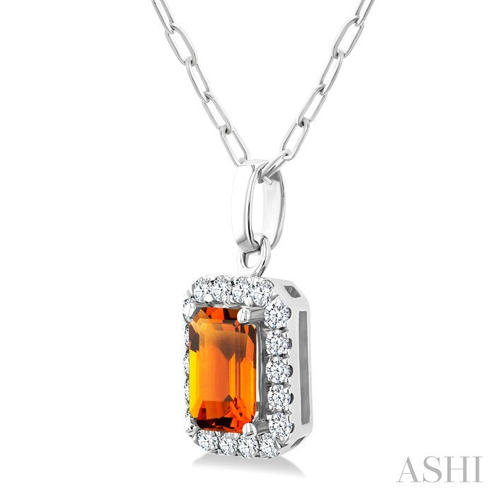 6x4 MM Octagonal Shape Citrine and 1/6 Ctw Round Cut Diamond Halo Semi-Precious Pendant with Chain in 14K White Gold