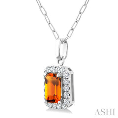 6x4 MM Octagonal Shape Citrine and 1/6 Ctw Round Cut Diamond Halo Semi-Precious Pendant with Chain in 14K White Gold