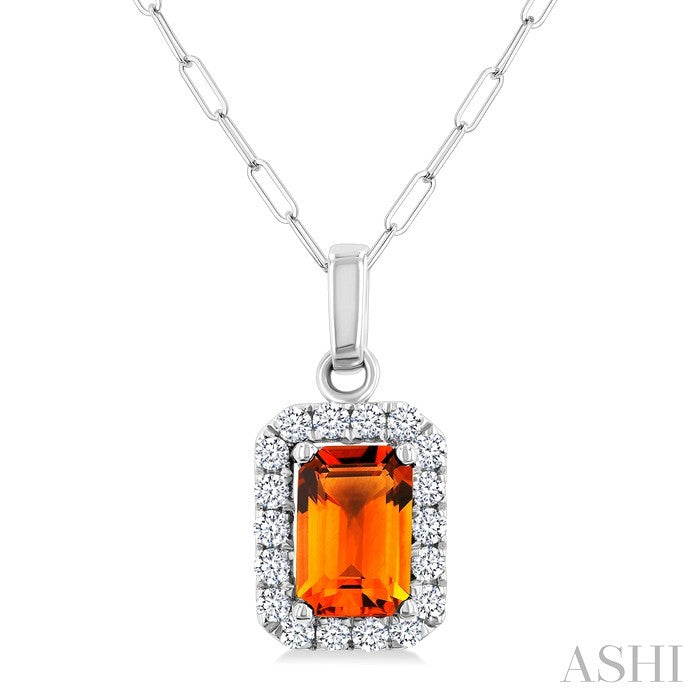 6x4 MM Octagonal Shape Citrine and 1/6 Ctw Round Cut Diamond Halo Semi-Precious Pendant with Chain in 14K White Gold