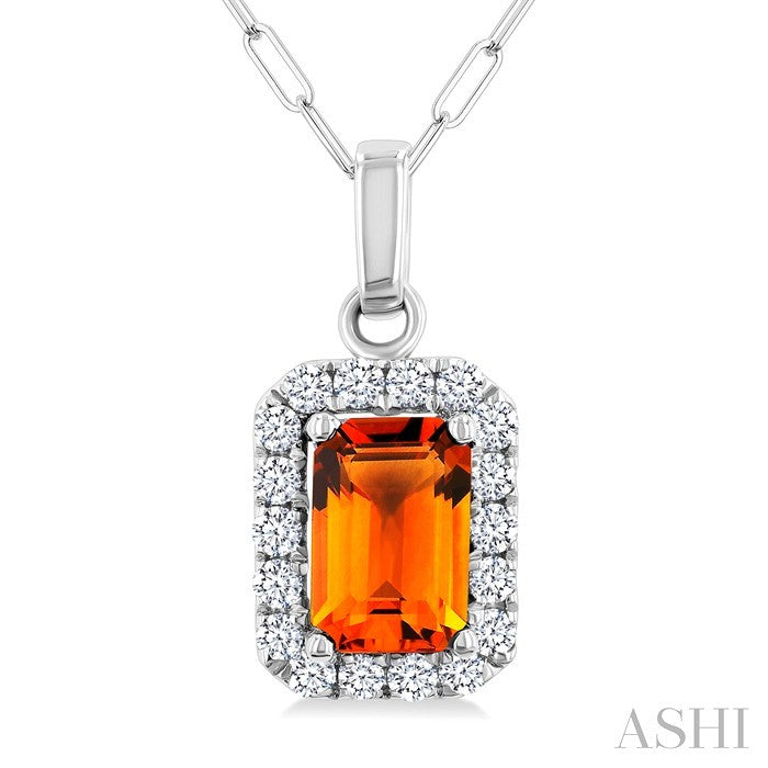 6x4 MM Octagonal Shape Citrine and 1/6 Ctw Round Cut Diamond Halo Semi-Precious Pendant with Chain in 14K White Gold
