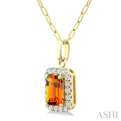 6x4 MM Octagonal Shape Citrine and 1/6 Ctw Round Cut Diamond Halo Semi-Precious Pendant with Chain in 14K Yellow Gold