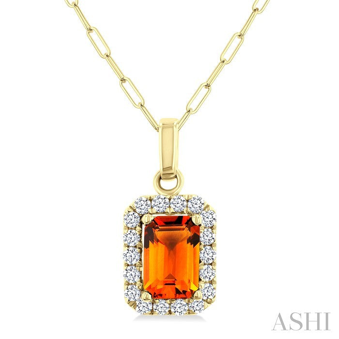 6x4 MM Octagonal Shape Citrine and 1/6 Ctw Round Cut Diamond Halo Semi-Precious Pendant with Chain in 14K Yellow Gold