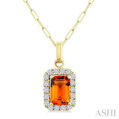 6x4 MM Octagonal Shape Citrine and 1/6 Ctw Round Cut Diamond Halo Semi-Precious Pendant with Chain in 14K Yellow Gold