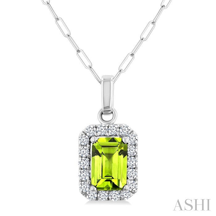 6x4 MM Octagonal Shape Peridot and 1/6 Ctw Round Cut Diamond Halo Semi-Precious Pendant with Chain in 14K White Gold
