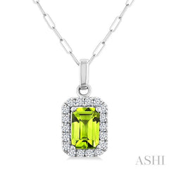 6x4 MM Octagonal Shape Peridot and 1/6 Ctw Round Cut Diamond Halo Semi-Precious Pendant with Chain in 14K White Gold