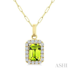 6x4 MM Octagonal Shape Peridot and 1/6 Ctw Round Cut Diamond Halo Semi-Precious Pendant with Chain in 14K Yellow Gold