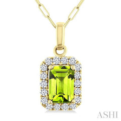 6x4 MM Octagonal Shape Peridot and 1/6 Ctw Round Cut Diamond Halo Semi-Precious Pendant with Chain in 14K Yellow Gold