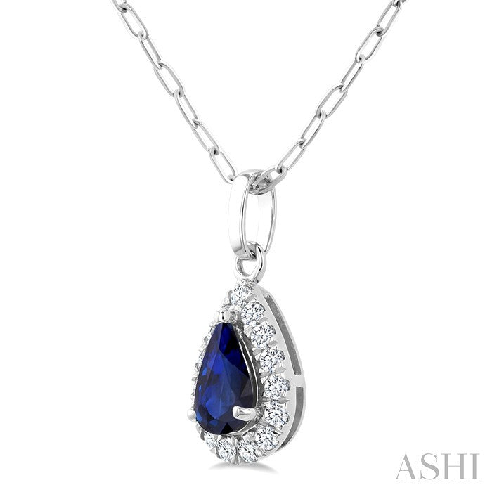 6x4 MM Pear Shape Sapphire and 1/6 Ctw Round Cut Diamond Halo Precious Pendant with Chain in 14K White Gold