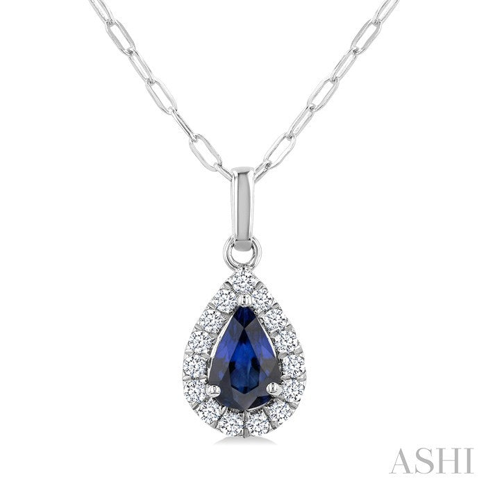 6x4 MM Pear Shape Sapphire and 1/6 Ctw Round Cut Diamond Halo Precious Pendant with Chain in 14K White Gold
