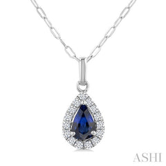 6x4 MM Pear Shape Sapphire and 1/6 Ctw Round Cut Diamond Halo Precious Pendant with Chain in 14K White Gold