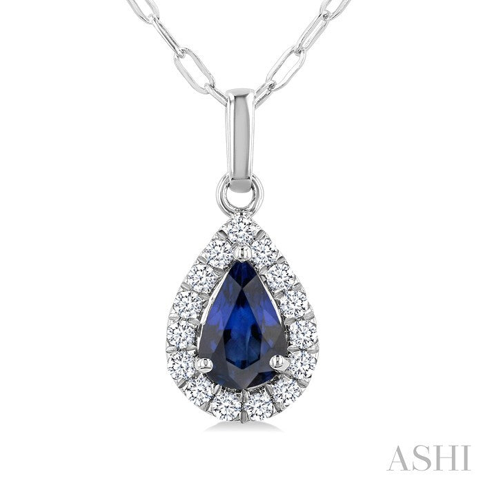 6x4 MM Pear Shape Sapphire and 1/6 Ctw Round Cut Diamond Halo Precious Pendant with Chain in 14K White Gold