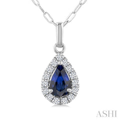 6x4 MM Pear Shape Sapphire and 1/6 Ctw Round Cut Diamond Halo Precious Pendant with Chain in 14K White Gold