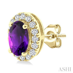 5x3 MM Oval Shape Amethyst and 1/8 Ctw Round Cut Diamond Halo Semi-Precious Stud Earrings in 14K Yellow Gold