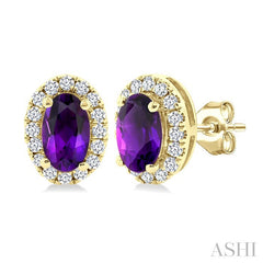 5x3 MM Oval Shape Amethyst and 1/8 Ctw Round Cut Diamond Halo Semi-Precious Stud Earrings in 14K Yellow Gold