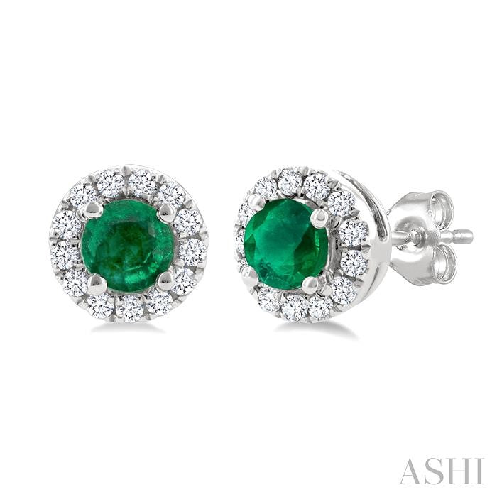 3.25 MM Round Emerald and 1/10 Ctw Round Cut Diamond Halo Precious Stud Earrings in 14K White Gold