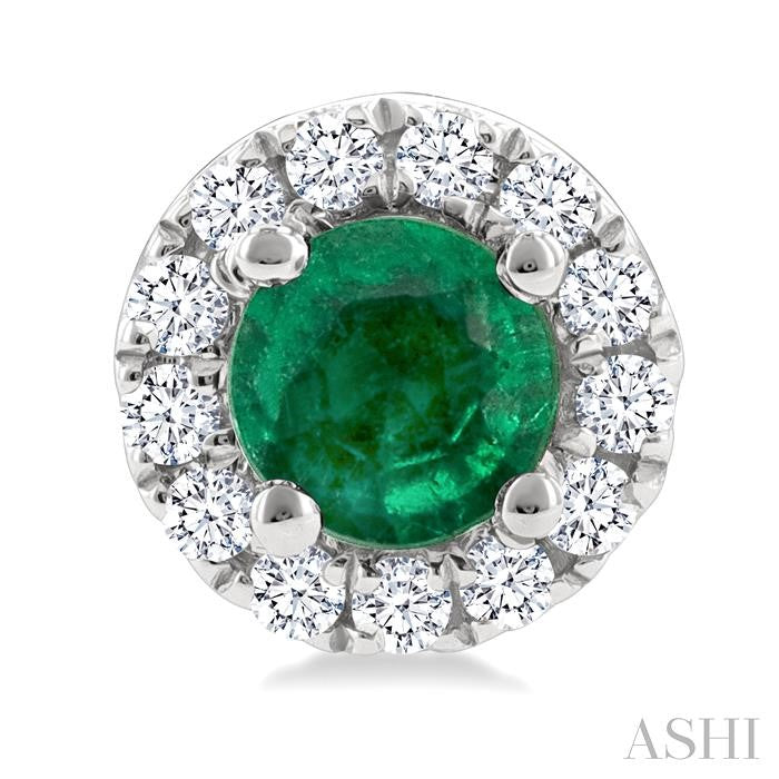 3.25 MM Round Emerald and 1/10 Ctw Round Cut Diamond Halo Precious Stud Earrings in 14K White Gold